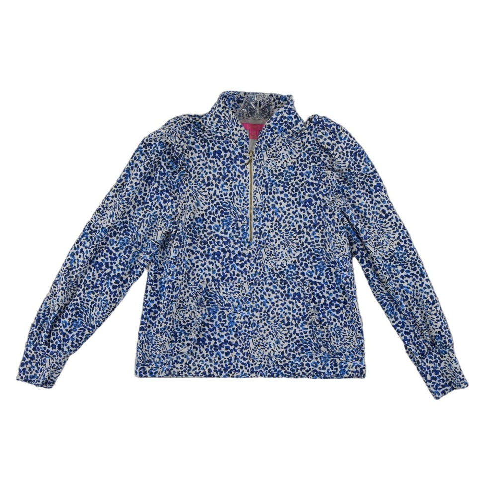 Lilly Pulitzer Luxletic Pullover Top Womens Size Medium Blue Leopard Puff Sleeve